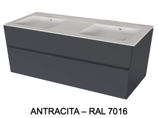 Meuble avec vasque Solid-Surface, finition bois ou couleurs, deux tiroirs à onglet, Largeur 120 et 140 cm, P. 45 cm, Hauteur 56 cm, Stock disponible, LIVRAISON OFFERTE