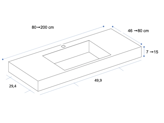 Plan vasque lavabo, sur mesure, Largeur 80 à 200 cm x Profondeur 46 à 80 cm, résine composite de haute qualité, Finition lisse blanc BRILLANT, Livraison Offerte.