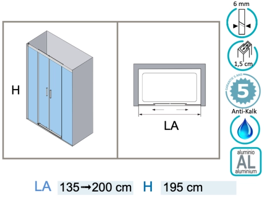 Porte douche coulissante, deux portes centrales vers deux panneaux fixes, L 135 à 200 cm, H. 195 cm, STOCK DISPONIBLE, verre de sécurité, Anti-calcaire, Livraison offerte et rapide