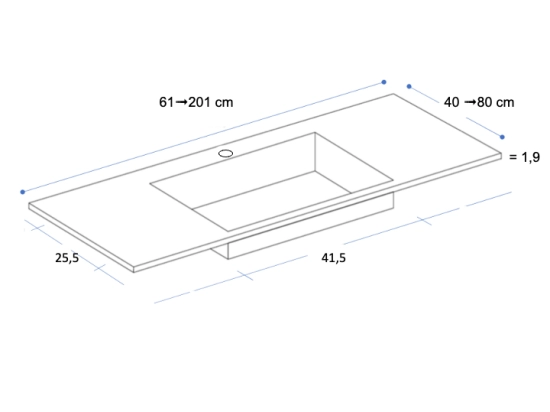 Plan vasque lavabo, sur mesure, Largeur 70 à 200 cm x Profondeur 40 à 80 cm, résine composite de haute qualité, Finition lisse blanc BRILLANT laqué ou mate, Livraison Offerte.