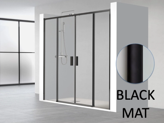 Porte douche coulissante, deux portes centrales vers deux panneaux fixes, L 135 à 200 cm, H. 195 cm, STOCK DISPONIBLE, verre de sécurité, Anti-calcaire, Livraison offerte et rapide