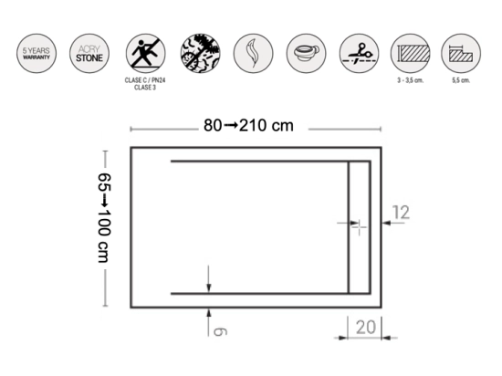Receveur de douche caniveau, haut de gamme, Largeur 65 à 210 X 65 à 100 cm, résine pleine masse anti glissante PN24, 10 couleurs, Garantie 5 ans, Livraison rapide et offerte