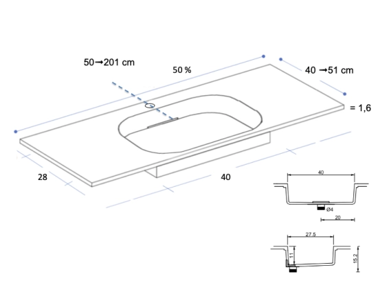 Plan vasque système d’évacuation discret L 50 à 201 x P 40 à 51 cm, finition lisse mate, 10 couleurs, Anti bactérien, résine Akrytan® teinté dans la masse, Livraison Offerte.