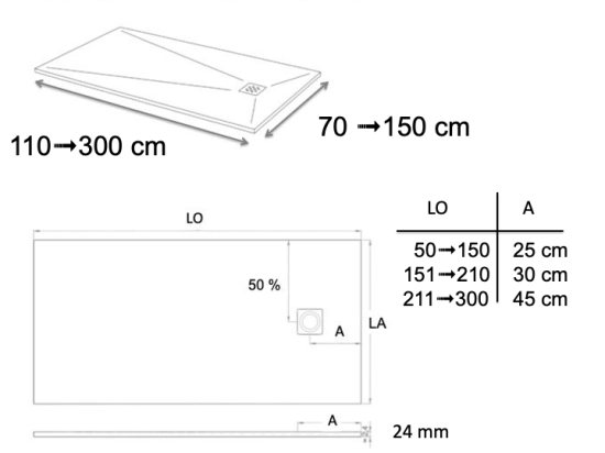 Receveur de douche, sur mesure : Largeur 100 à 210 cm x l. 70 à 110 cm. Bac à douche en résine Akrytan® anti glissant, finition ardoise, 10 couleurs, Livraison offerte et rapide