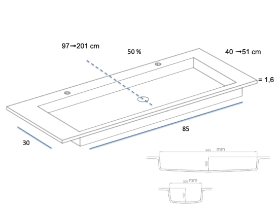 Plan vasque lavabo sur mesure : L 100 à 201 x P 40 à 51 cm, finition lisse mate, 10 couleurs au choix, Anti bactérien, résine Akrytan® teinté dans la masse, Livraison Offerte.