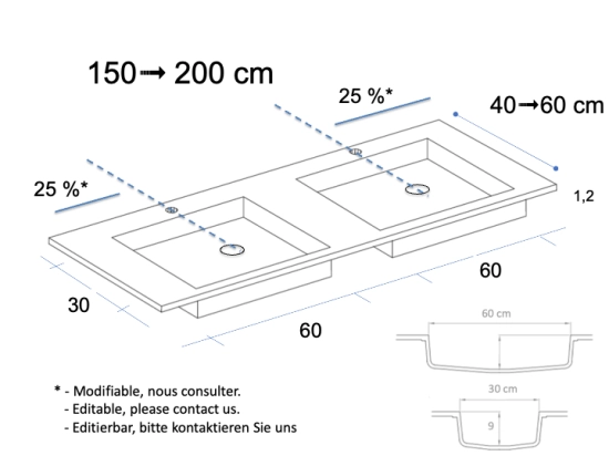 Plan double vasque bassin Design 60 cm, sur mesure, L. 150 à 200 cm x P. 40 à 60 cm, résine minérale ACRYSTONE® SOLID-SURFACE Finition lisse, Livraison Offerte et Rapide.
