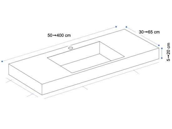 Plan vasque lavabo sur mesure : L 50 à 400 x P 30 à 65 cm, finition lisse mate, 10 couleurs au choix, Anti bactérien, résine Akrytan® teinté dans la masse, Livraison Offerte.