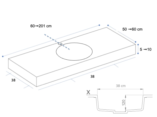 Plan vasque, bassin circulaire ⦰ 38 cm, sur mesure, Largeur 60 à 200 cm x Profondeur 50 à 60 cm, résine minérale de couleurs, Finition lisse mate, Livraison Offerte et Rapide.