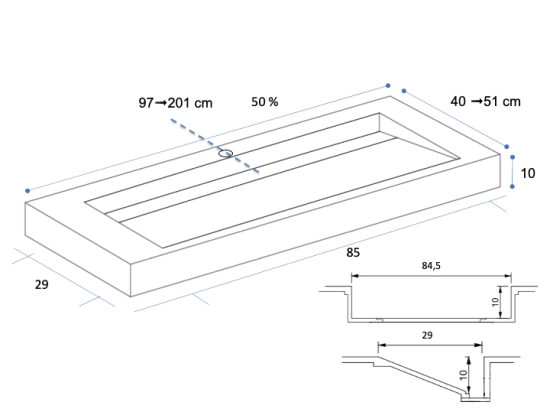 Plan vasque lavabo sur mesure : L 60 à 201 x P 40 à 51 cm, finition lisse mate, 10 couleurs au choix, Anti bactérien, résine Akrytan® teinté dans la masse, Livraison Offerte.