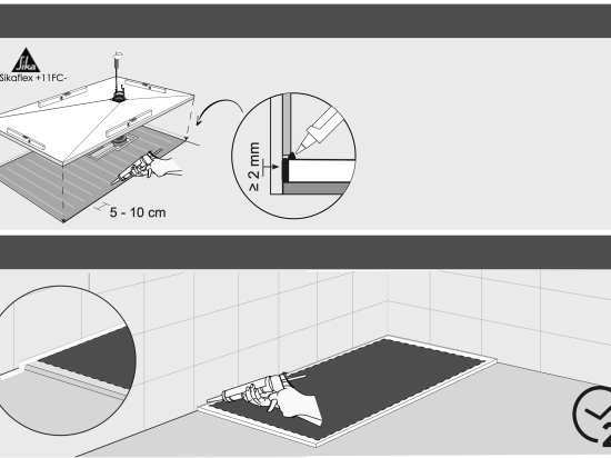Installer un receveur a douche extra plat : coller le bac a douche avec une colle à base de polyuréthane, puis faite les finitions d'étanchéité avec la même colle.