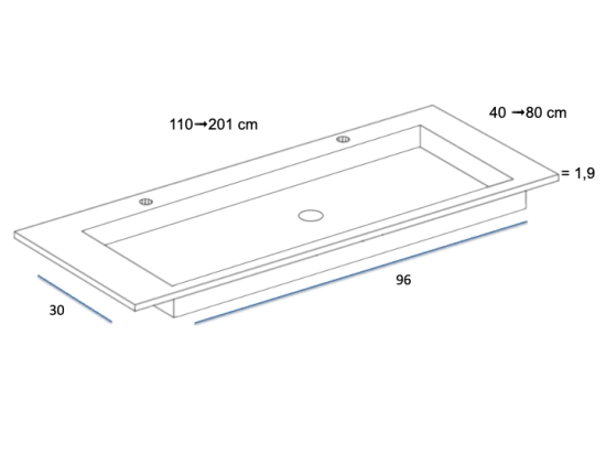 Plan vasque lavabo, sur mesure, Largeur 101 à 200 cm x Profondeur 40 à 80 cm, résine composite de haute qualité, Finition lisse blanc BRILLANT laqué ou mate, Livraison Offerte.
