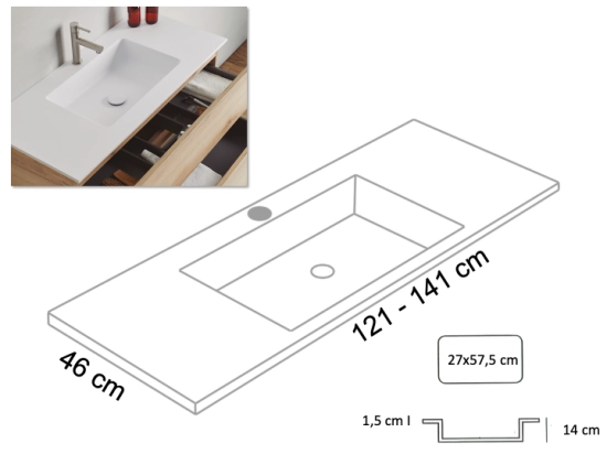 Meuble avec vasque Solid-Surface, finition bois ou couleurs, deux tiroirs à onglet, Largeur 120 et 140 cm, P. 45 cm, Hauteur 56 cm, Stock disponible, LIVRAISON OFFERTE