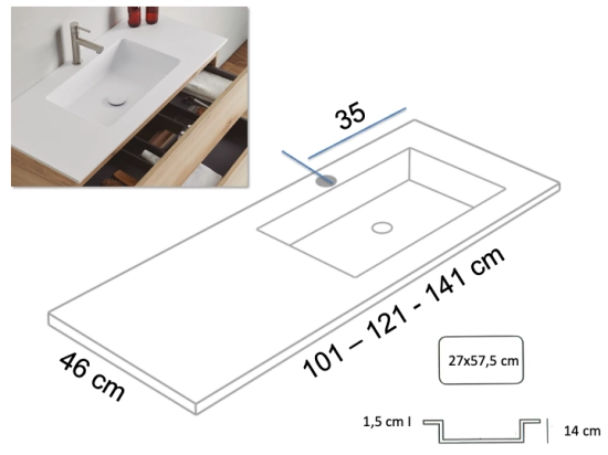 Meuble avec vasque Solid-Surface, finition bois ou couleurs, deux tiroirs à onglet, Largeur 100, 120 et 140 cm, P. 45 cm, Hauteur 56 cm, Stock disponible, LIVRAISON OFFERTE