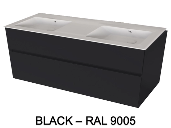 Meuble avec vasque Solid-Surface, finition bois ou couleurs, deux tiroirs à onglet, Largeur 120 et 140 cm, P. 45 cm, Hauteur 56 cm, Stock disponible, LIVRAISON OFFERTE