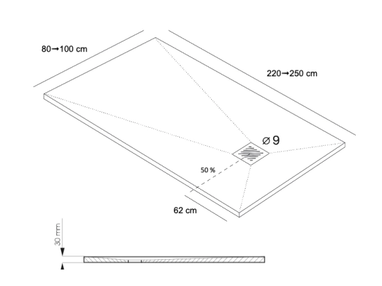 Grand receveur de douche a l'italienne, Largeur 220 à 250 x l. 70 à 100 cm Résine anti glissant, 10 couleurs disponibles, fabrication sur mesure au cm, LIVRAISON OFFERT