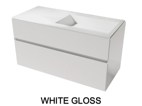 Meuble avec vasque Solid-Surface, finition bois ou couleurs, deux tiroirs à onglet, Largeur 100, 120 et 140 cm, P. 45 cm, Hauteur 56 cm, Stock disponible, LIVRAISON OFFERTE