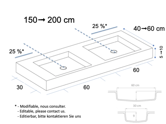 Plan vasque Design, fabrication sur mesure, Largeur 120 à 200 cm x Profondeur 40 à 60 cm, résine minérale ACRYSTONE® SOLID-SURFACE Finition lisse blanc mate, Livraison Offerte et Rapide.