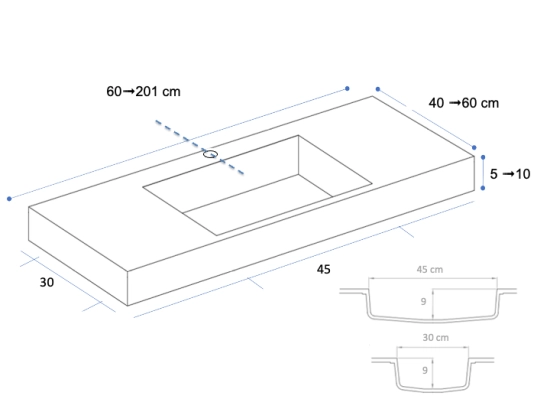 Plan vasque Design, fabrication sur mesure, Largeur 60 à 200 cm x Profondeur 40 à 60 cm, résine minérale ACRYSTONE® SOLID-SURFACE Finition lisse blanc mate, Livraison Offerte et Rapide.
