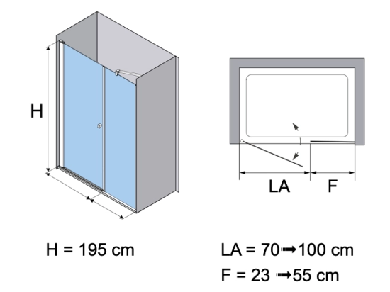 Porte de douche pivotante, avec une paroi fiche en alignement, Largeur 63 à 97 cm + Fixe de 23 à 55 cm, Hauteur 195 cm, traitement anti calcaire, Garantie 5 ans, Livraison offerte