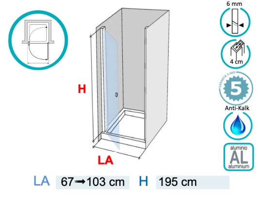 Porte de douche, LIVRAISON RAPIDE, Largeur 67 à 103 cm, Hauteur 195 cm, traitement anti calcaire, Garantie 5 ans, Livraison offerte
