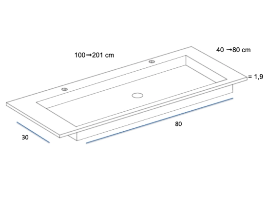 Plan vasque lavabo, sur mesure, Largeur 101 à 200 cm x Profondeur 40 à 80 cm, résine composite de haute qualité, Finition lisse blanc BRILLANT laqué ou mate, Livraison Offerte.