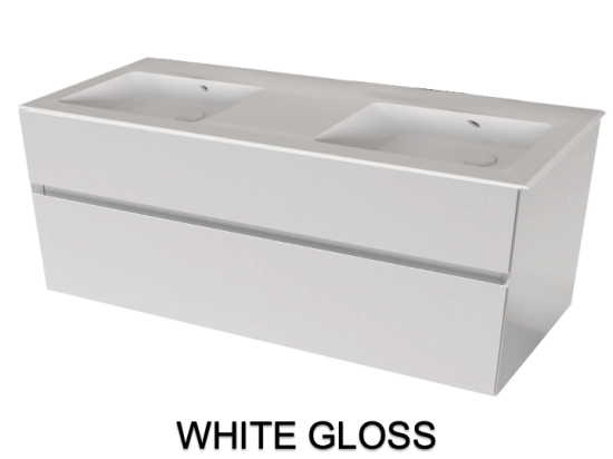 Meuble avec vasque Solid-Surface, finition bois ou couleurs, deux tiroirs à onglet, Largeur 120 et 140 cm, P. 45 cm, Hauteur 56 cm, Stock disponible, LIVRAISON OFFERTE