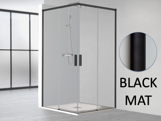 Paroi de douche double coulissantes en angle, L. 70 à 150 cm x l. 70 à 80 cm retour latéral , Finition Chrome, Noir, blanc et Or, verre de sécurité, LIVRAISON OFFERTE