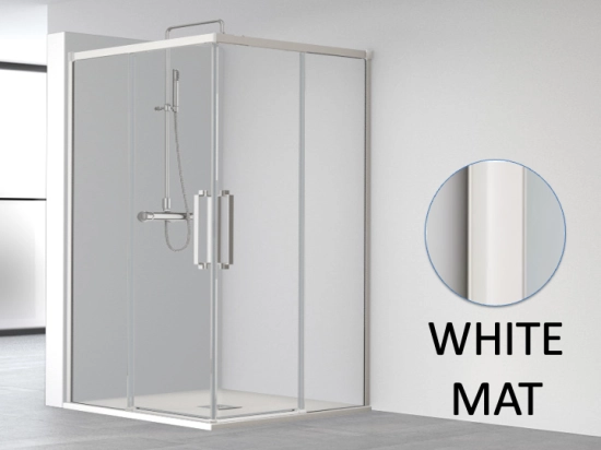 Paroi de douche double coulissantes en angle, L. 70 à 150 cm x l. 70 à 80 cm retour latéral , Finition Chrome, Noir, blanc et Or, verre de sécurité, LIVRAISON OFFERTE