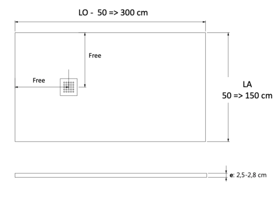 Receveur de douche, sur mesure : Largeur 60 à 300 cm x l. 60 à 150 cm. Bac à douche en résine Akrytan® anti glissant, finition lisse, 10 couleurs, Livraison offerte et rapide