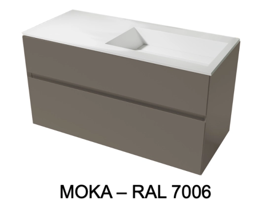 Meuble avec vasque Solid-Surface, finition bois ou couleurs, deux tiroirs à onglet, Largeur 100, 120 et 140 cm, P. 45 cm, Hauteur 56 cm, Stock disponible, LIVRAISON OFFERTE
