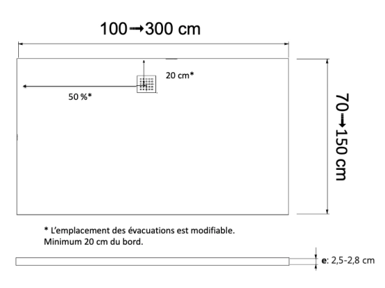 Receveur de douche, sur mesure : Largeur 120 à 300 cm x l. 70 à 150 cm. Bac à douche en résine Akrytan® anti glissant, finition misse, 10 couleurs, Livraison offerte et rapide