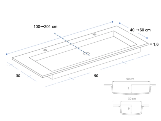 Plan vasque à encastrer, bassin double 90 cm, sur mesure, Largeur 100 à 200 cm x Profondeur 40 à 60 cm, résine minérale ACRYSTONE®, Finition lisse, Livraison Offerte et Rapide.