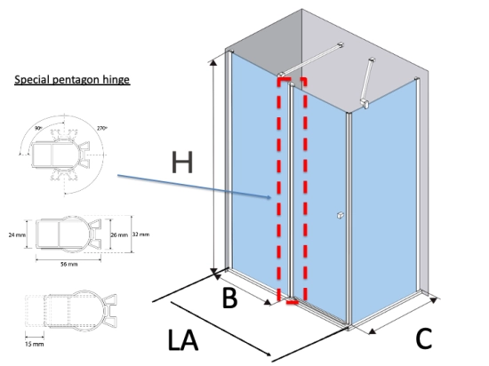 Hinged shower screen, for pentagonal shower tray L. 90 to 220 cm, Height 150 to 220 cm Made to measure Safety glass with anti-limescale coating 5-year guarantee