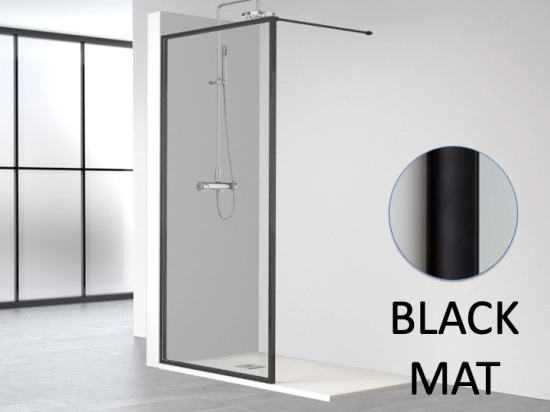 Paroi de douche fixe avec contour de profilés en aluminium, L. 80 à 160 cm, Hauteur 195 cm, verre sécurité 8 mm, traité anti-calcaire STOCK DISPONIBLE livraison offerte et rapide.