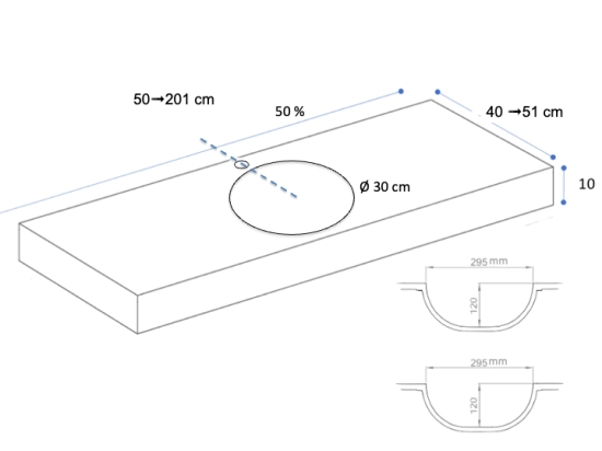 Plan vasque lavabo circulaire ⦰ 30 cm sur mesure Largeur 50 à 201 x P 40 à 51 cm Finition lisse 10 couleurs au choix, Anti bactérien Résine Akrytan® dans la masse Livraison Offerte.