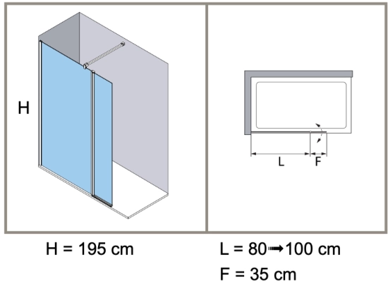 Paroi de douche fixe avec partie mobile - Largeur 80 à 100 cm, hauteur 195 cm - Verre de sécurité 6 mm - Traitement anti-calcaire - STOCK DISPONIBLE - Livraison offerte