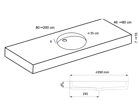 Plan vasque lavabo PMR, adaptée aux personnes à mobilité réduite, L. 80 à 200 cm x P. 46 à 80 cm, résine composite de haute qualité, Finition lisse blanc, Livraison Offerte.