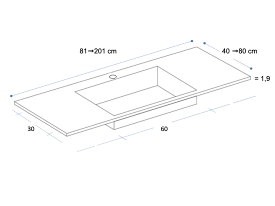 Plan vasque lavabo, sur mesure, Largeur 81 à 200 cm x Profondeur 40 à 80 cm, résine composite de haute qualité, Finition lisse blanc BRILLANT laqué ou mate, Livraison Offerte.
