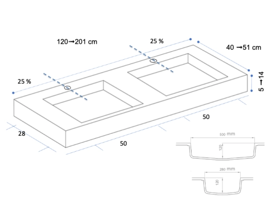 Plan vasque lavabo sur mesure : L 120 à 201 x P 40 à 51 cm, finition lisse mate, 10 couleurs au choix, Anti bactérien, résine Akrytan® teinté dans la masse, Livraison Offerte.