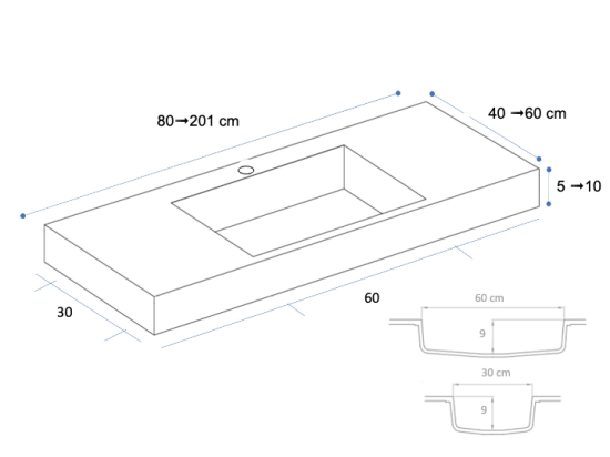 Plan vasque lavabo 60 cm de largeur intégré au angle arrondi, L. 80 à 200 cm x l. 40 à 60 cm, résine minérale ACRYSTONE® SOLID-SURFACE Finition lisse , Livraison Offerte et Rapide.