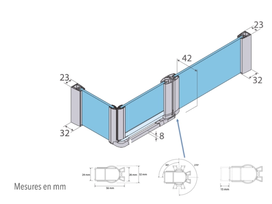 Paroi de douche battante, pour receveur de douche pentagonale L. 90 à 220 cm, Hauteur 150 à 220 cm Fabrication sur mesure Verre de sécurité et traité anti-calcaire Garantie 5 ans