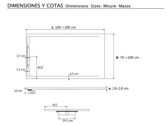 Receveur de douche extra-plat avec une évacuation discrète et élégante : L. 100 à 200 cm x l. 70 à 100 cm, résine Akrytan® anti glissant, 10 couleurs, Livraison offerte et rapide