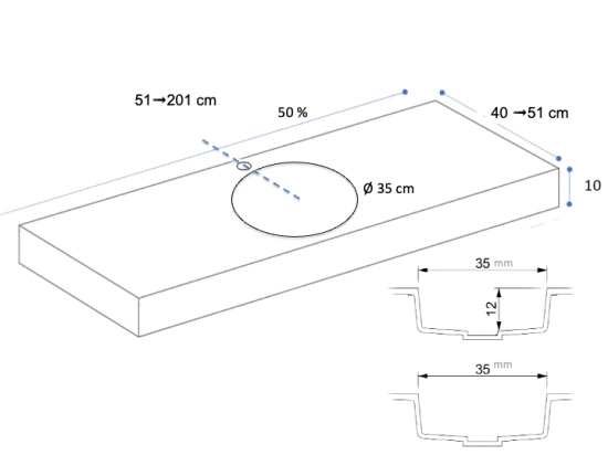 Plan vasque lavabo circulaire ⦰ 35 cm sur mesure Largeur 50 à 201 x P 40 à 51 cm Finition lisse 10 couleurs au choix, Anti bactérien Résine Akrytan® dans la masse Livraison Offerte.