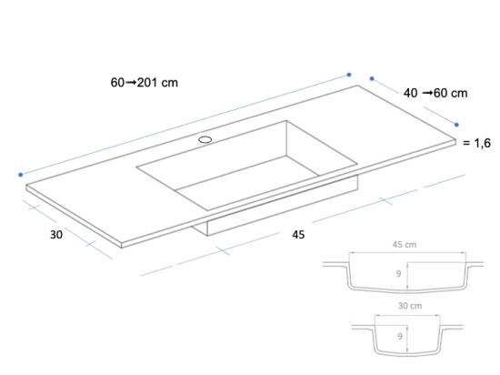 Plan vasque Design, fabrication sur mesure, Largeur 60 à 200 cm x Profondeur 40 à 60 cm, résine minérale ACRYSTONE® SOLID-SURFACE Finition lisse blanc mate, Livraison Offerte et Rapide.