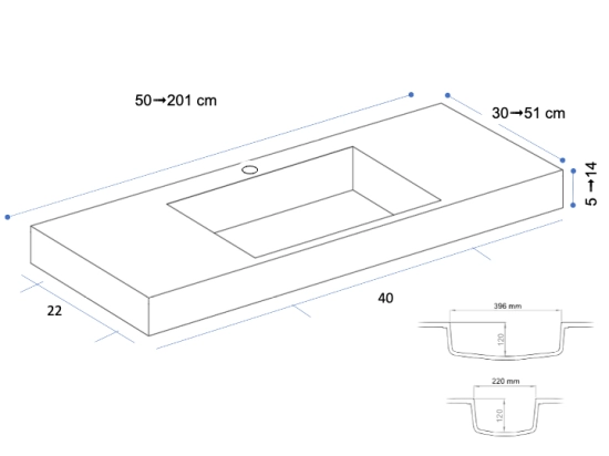 Plan vasque lavabo sur mesure : L 50 à 201 x P 30 à 51 cm, finition lisse mate, 10 couleurs au choix, Anti bactérien, résine Akrytan® teinté dans la masse, Livraison Offerte.