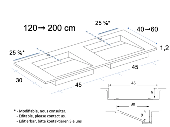 Plan vasque Design, fabrication sur mesure, Largeur 120 à 200 cm x Profondeur 40 à 60 cm, résine minérale ACRYSTONE® SOLID-SURFACE Finition lisse blanc mate, Livraison Offerte et Rapide.