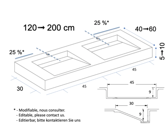 Plan vasque Design, fabrication sur mesure, Largeur 120 à 200 cm x Profondeur 40 à 60 cm, résine minérale ACRYSTONE® SOLID-SURFACE Finition lisse blanc mate, Livraison Offerte et Rapide.