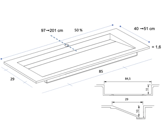 Plan vasque lavabo sur mesure : L 60 à 201 x P 40 à 51 cm, finition lisse mate, 10 couleurs au choix, Anti bactérien, résine Akrytan® teinté dans la masse, Livraison Offerte.