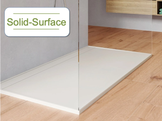 Receveur de douche caniveau avec l'évacuation dans la largeur, L. 100 à 240 cm x l. 70 à 100 cm, Résine Solid-Surface anti glissant PN22, finition lisse blanc mate, LIVRAISON OFFERTE