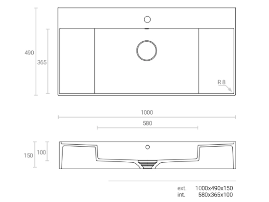 Vasque lavabo design rectangulaire, suspendu ou à poser, Couleur blanc mat, Finition lisse, Solid-Surface Corian®, Taille : 100 x 49 x 15 cm - LIVRAISON OFFERTE